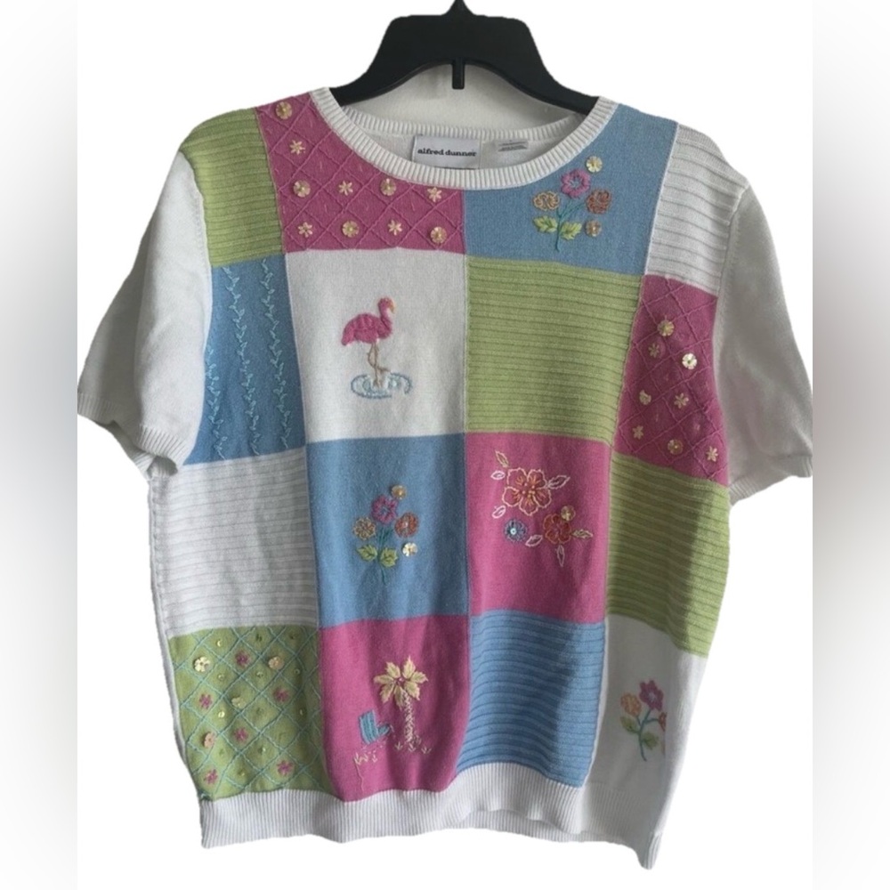 Alfred Dunner Embroidered Pastel Sweater Flamingos Spring Short Sleeve Large